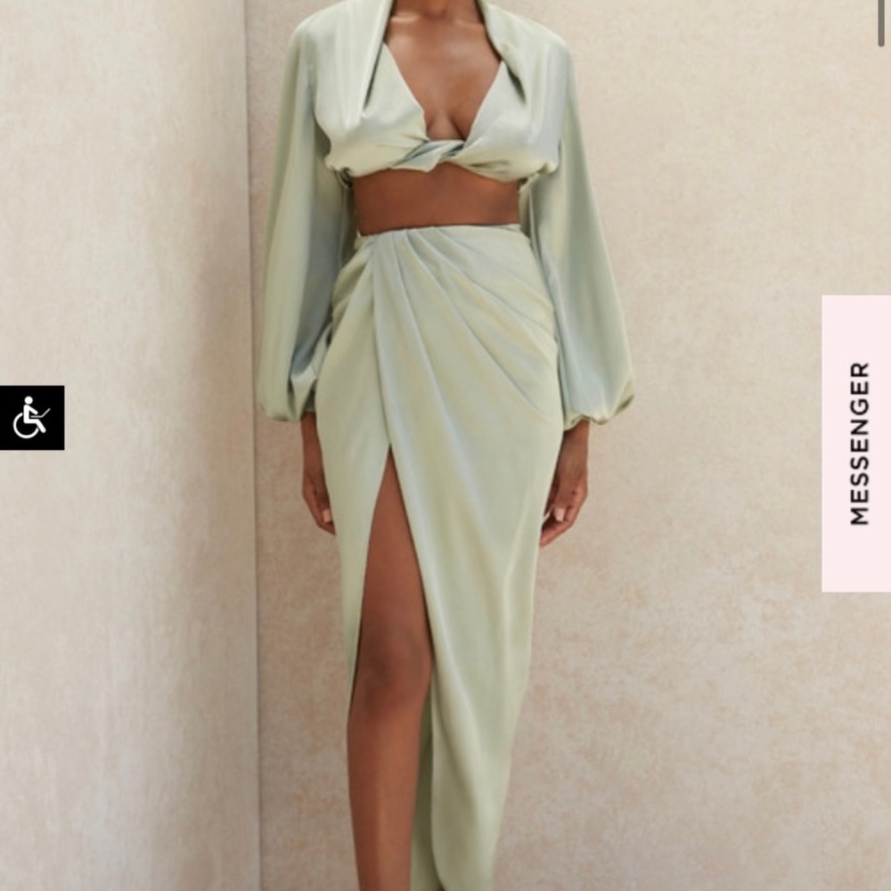 House of CB Olive green 2 piece satin skirt set XS